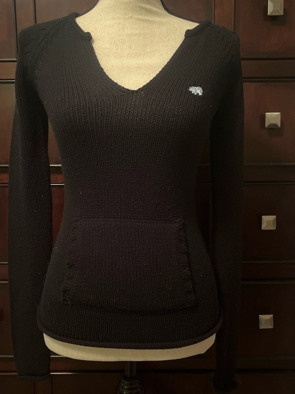 Energie Women's Black V-Neck Knit Sweater with Front Pocket